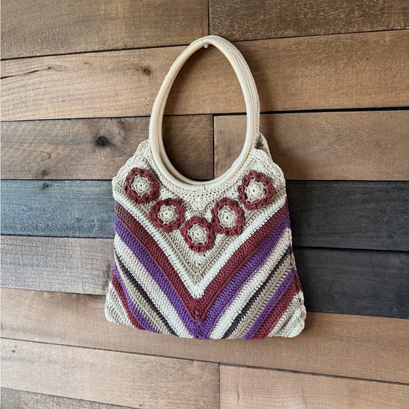 Vintage Crochet Floral Boho Shoulder Bag 70s Style Knit Purse Hippie Tote - Picture 4 of 13